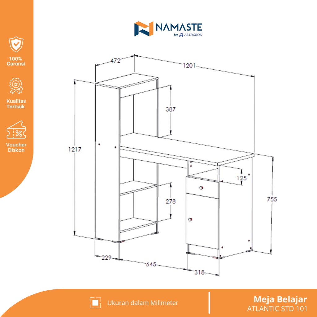 Namaste Meja Belajar Minimalis / Meja Tulis Anak / Meja Laptop / Meja Kerja L / ATLANTIC STD 101