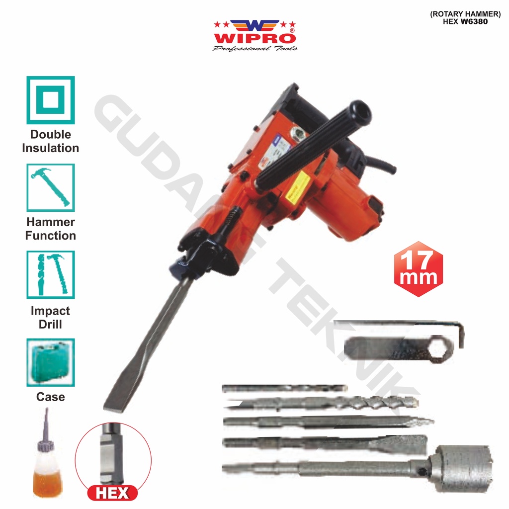 Mesin Bor Rotary Hammer Drill 38 mm WIPRO W-6380 / Mesin Bor Tangan Besi Beton Kayu 220V WIPRO W 638