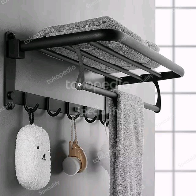 Terlaris Rak Handuk Lipat Hitam Sus 304 / Tempat Handuk Kamar Mandi Stainless