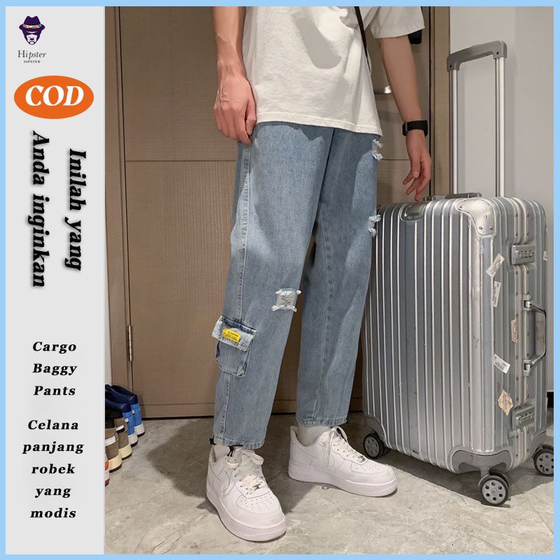 Celana Jeans Pria Korean Style Celana Panjang Longgar Lurus Loose Jeans