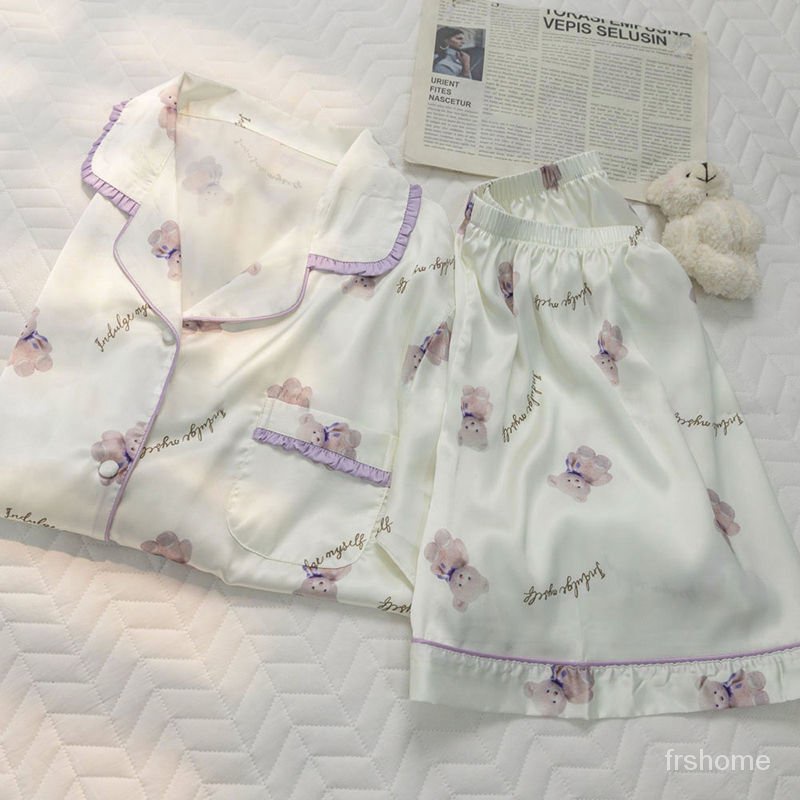 Piyama sutra sutra ins ins baru set bagian tipis kartun beruang lucu baju santai lengan pendek bisa