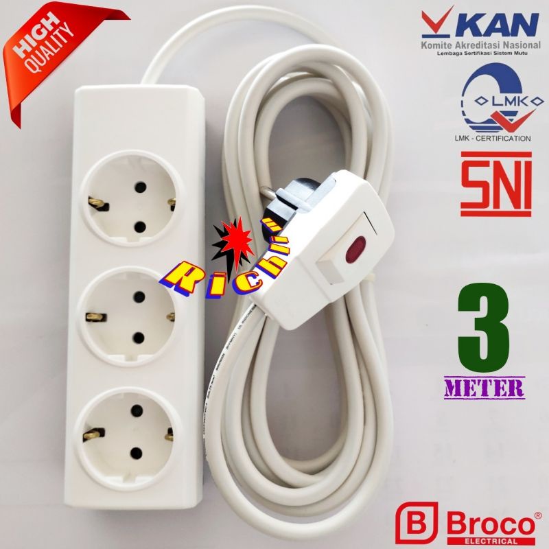 Stop Kontak Broco 3 Lubang+Steker Lampu Broco+Kabel Eterna 2x0,75 Serabut 3 meter