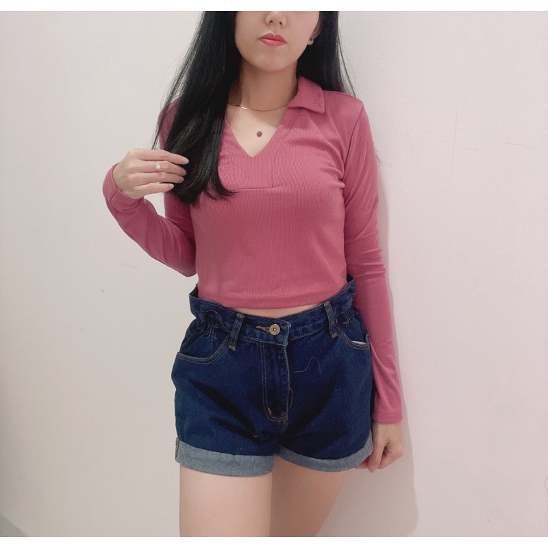 Croptop kerah lengan panjang | Knit Collar Long Sleeve VNeck Blouse | Baju Lengan Panjang Wanita | atasan kerah korean fashion wanita | aquarius boutique89 grosir