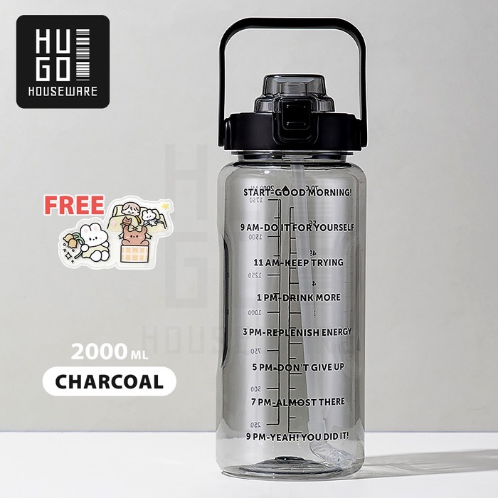 botol minum HUGO Botol Minum Motivasi 2 Liter Bening BPA FREE Gratis Stiker - Hitam(N5W4) botol minu