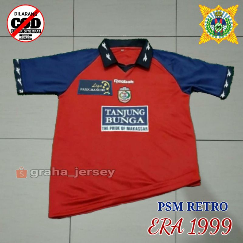 Jersey PSM Makassar 1999 Home Reebok Merah Biru BORDIR dan PRINTING Retro Lokal