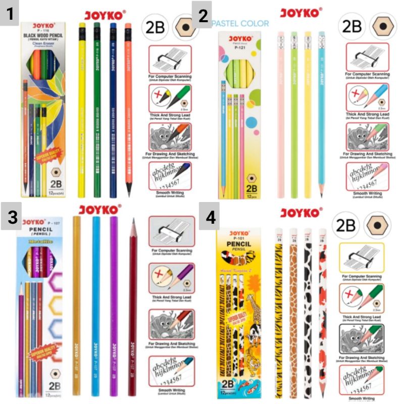 

Pensil 2B Joyko P-116, P-121, P-107, P-101 per lusin / Pensil Joyko 2B kayu hitam, warna pastel, warna metalik, animal kingdom / Joyko pensil 2B