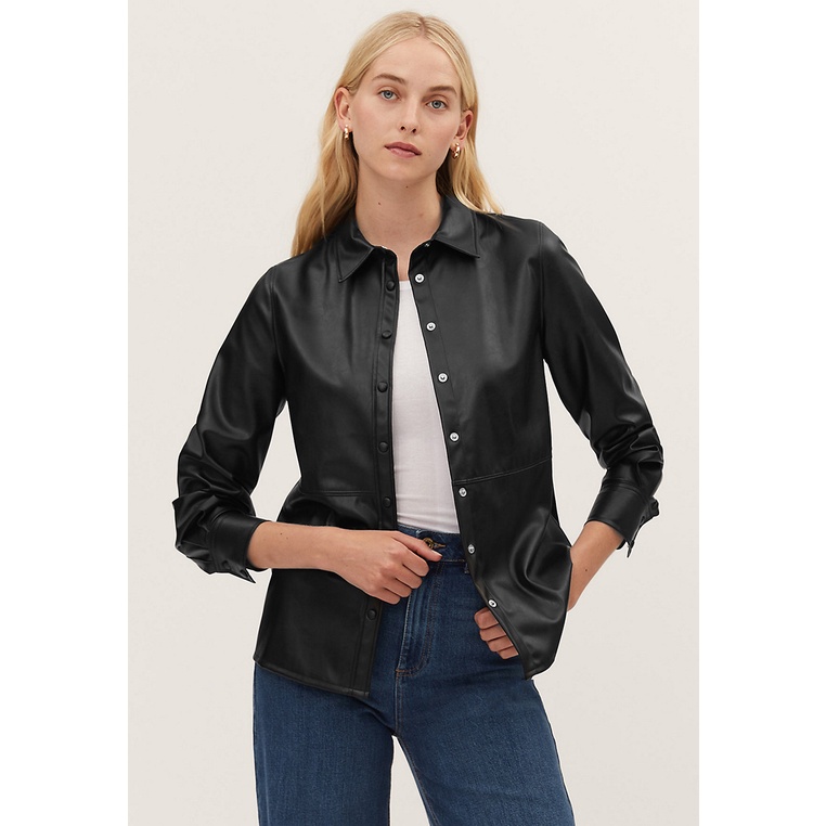 Kemeja Wanita Marks & Spencer Original Klasik Minimalis Cewek Faux Leather Collared Long Sleeve Shir