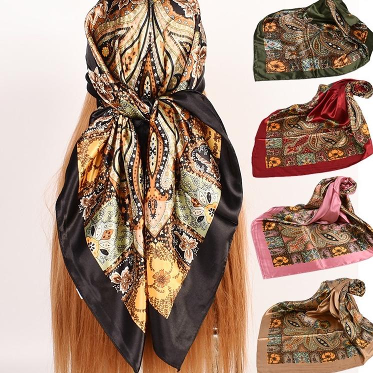 {KBJ.10Ap23ᴹ} 90x90 cm Syal Persegi Satin Motif Bunga Jambu Mete Besar Jilbab Wanita Hijab Scarf Leh