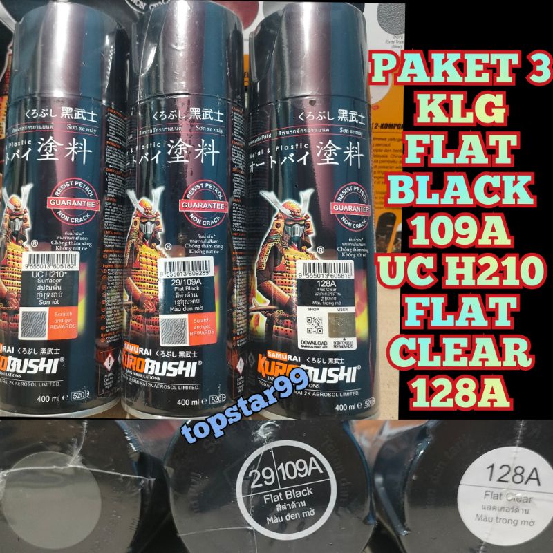 Samurai Paint Paket 3 Kaleng Pilok Pilox Cat Semprot Samurai Paketan Lengkap Hitam Doff Dop Flat Black 109A Epoxy Surfacer UC H210 Flat Clear Pernis Doff  128A 400ml