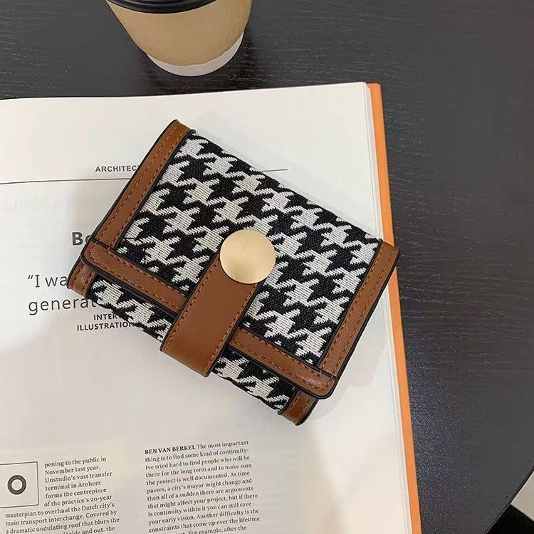 Sera Net Merah Houndstooth Dompet Wanita Serbaguna Korea Koin Lipat Tiga Klip Multi-Slot Kartu Lucu pemegang Kartu Kopling Panjang