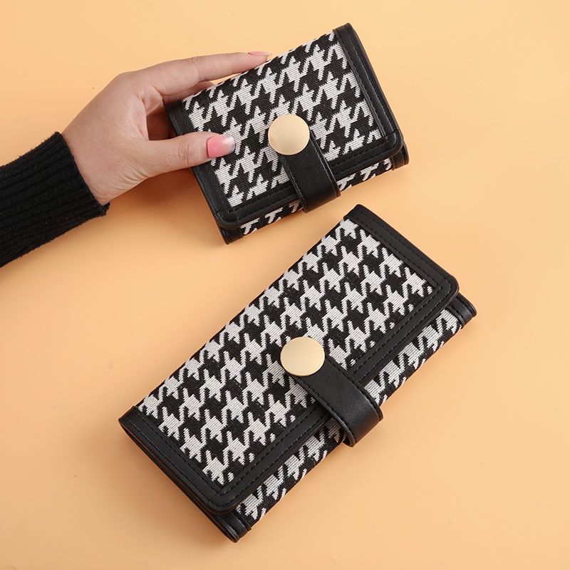 Sera baru kanvas houndstooth dompet kecil wanita paragraf pendek warna kontras lipat klip koin multi-kartu gesper tas genggam panjang