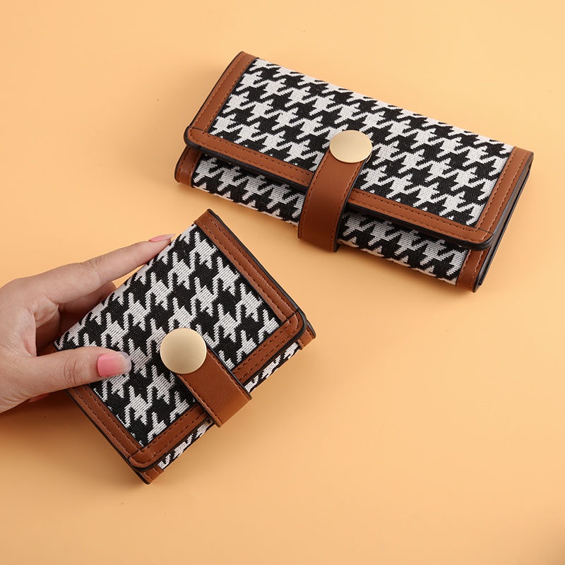 Sera baru kanvas houndstooth dompet kecil wanita paragraf pendek warna kontras lipat klip koin multi-kartu gesper tas genggam panjang