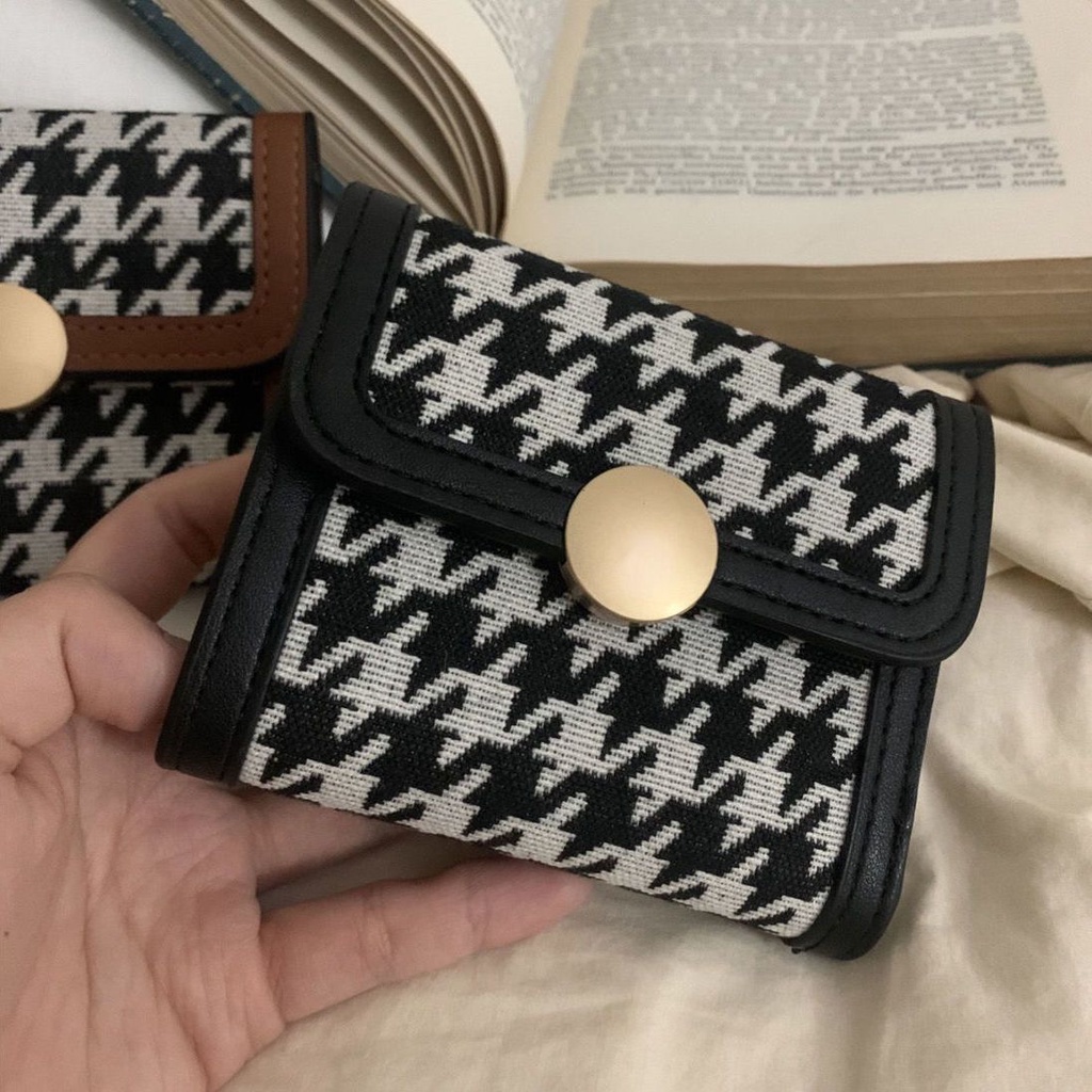 Sera 2021 Retro Kanvas Houndstooth Dompet Kecil Pendek Wanita Gaya Warna Kontras Lipat Multi-Fungsional Klip Koin dengan Beberapa Slot Kartu