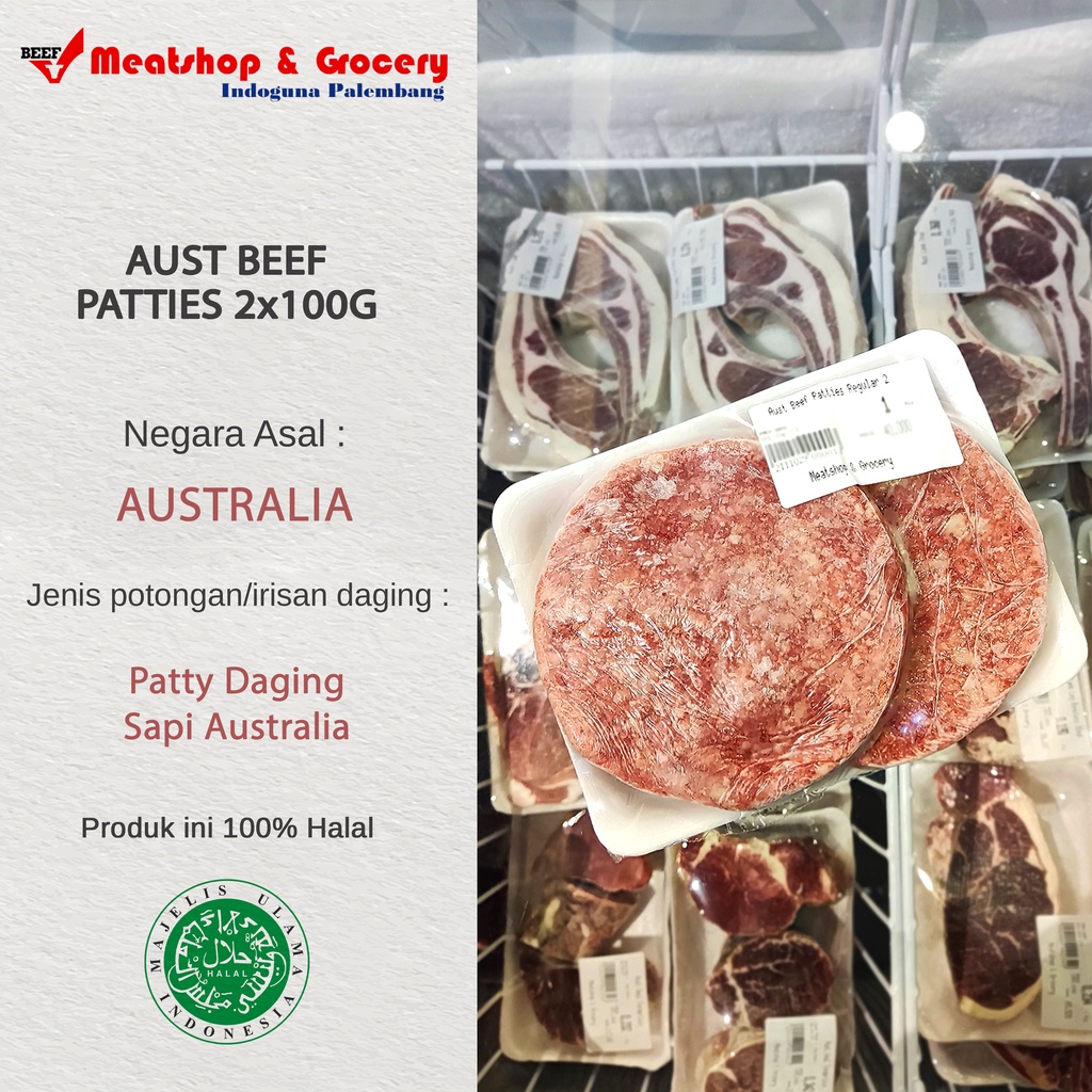 

Aust Beef Patties 2x100 Gram | Patti Daging Sapi 100% Halal - Meatshop Indoguna Palembang