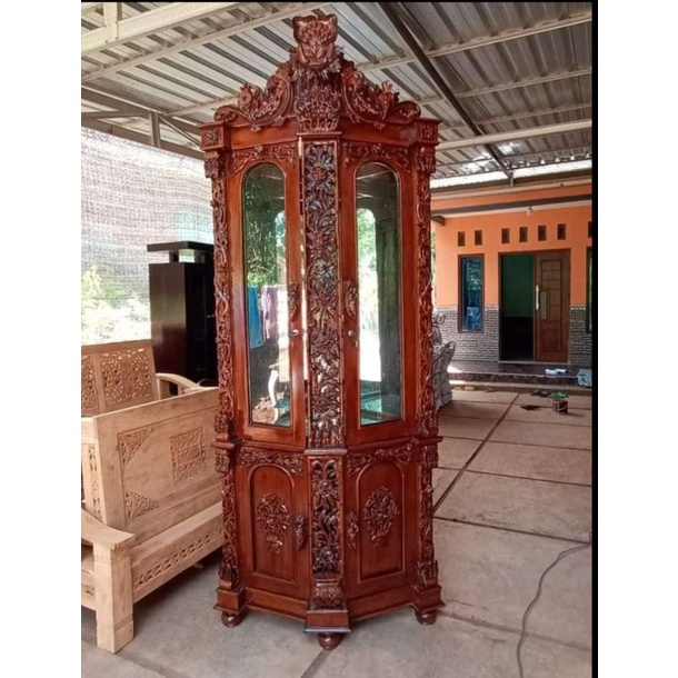 Lemari Sudut Kaca Hias Jati Lemari Sudut Shima Lemari Sudut Pajangan Ukir Jati