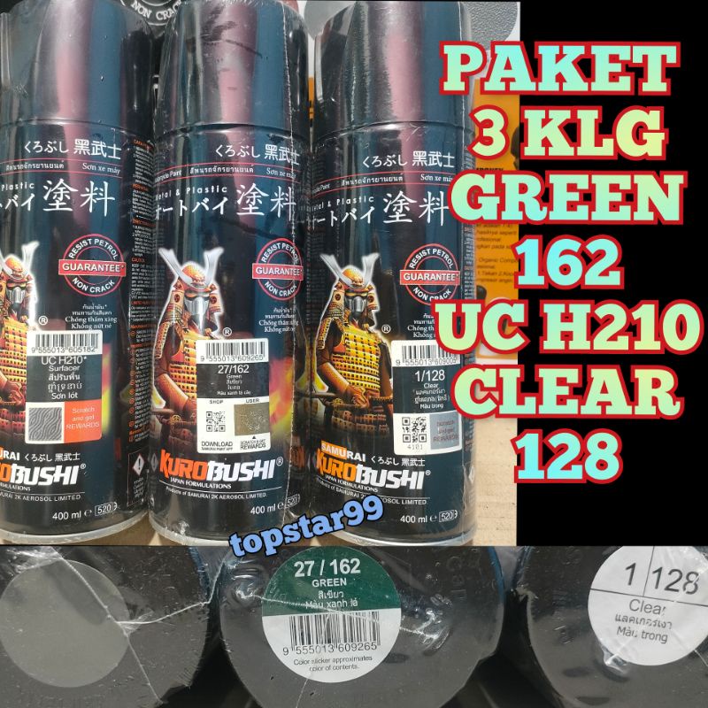 Samurai Paint Paket 3 Kaleng Pilok Pilox Cat Semprot Samurai Paketan Lengkap Hijau Green 162 Epoxy Surfacer UC H210 Clear Pernis Glossy 128 400ml