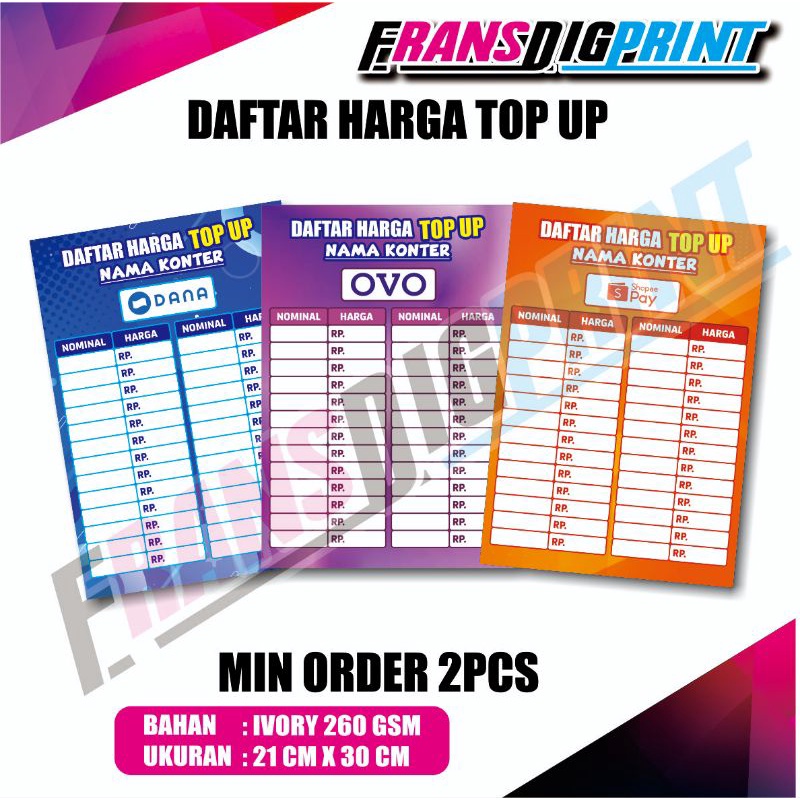 

daftar harga top up e-wallet, daftar harga top up, daftar harga e-wallet, poster konter