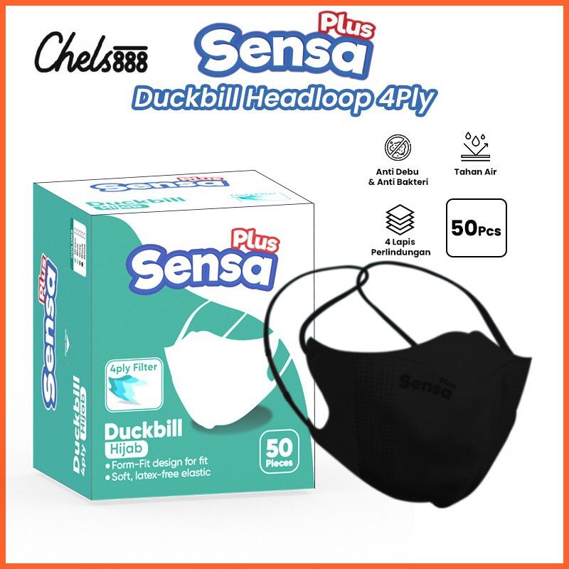 hijab Masker Duckbill 4ply Hijab Headloop Sensa Plus isi 50pcs