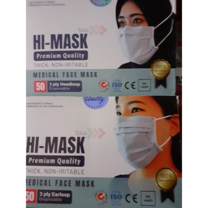 Terlaris Hi Mask Masker Medical 3 Ply Headloop White Earloop Blue Premium