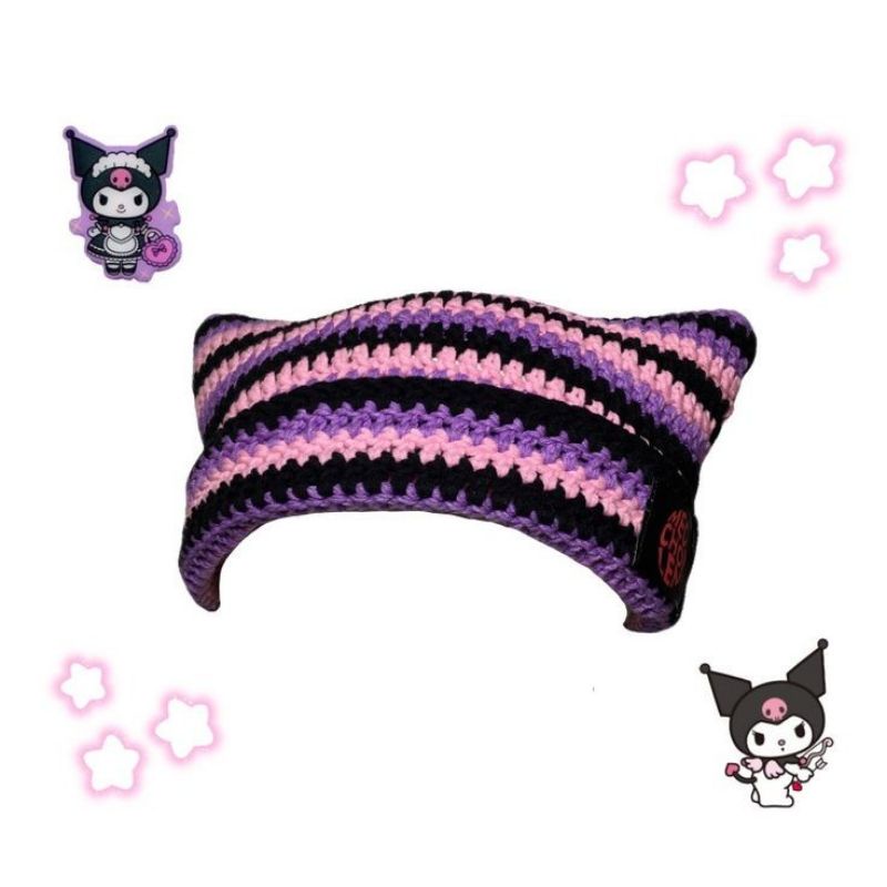 HANDMADE KUROMI KITTY BEANIE CAT EAR LOVERBOY HAT/HENDERY WAY V NCT/JISUNG NCT DREAM/NCT127/TOPI KEL