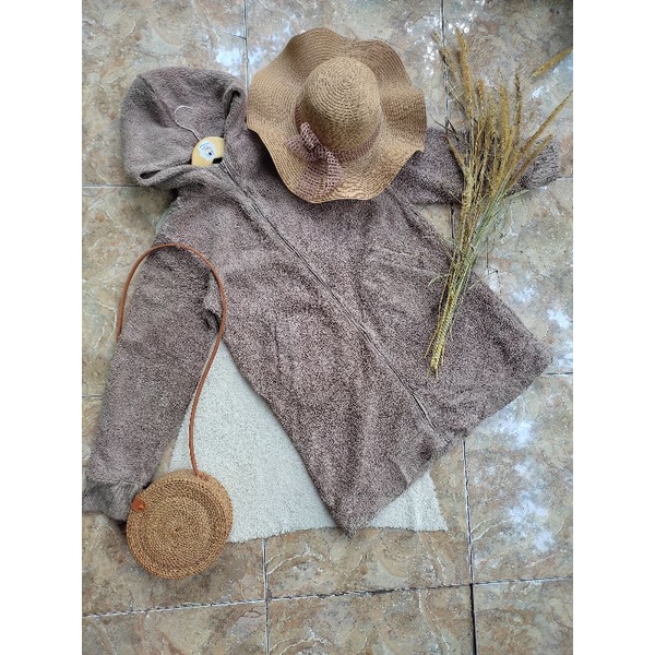 preloved jaket bulu hoodie serpa sherpa coksu coklat long coat