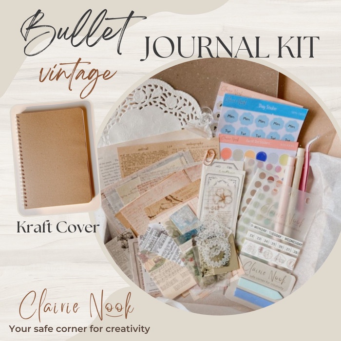 

Clairie Nook Vintage Bullet Journal Kit - Dekorasi Notebook Scrapbook - Cover Black, Blank Page