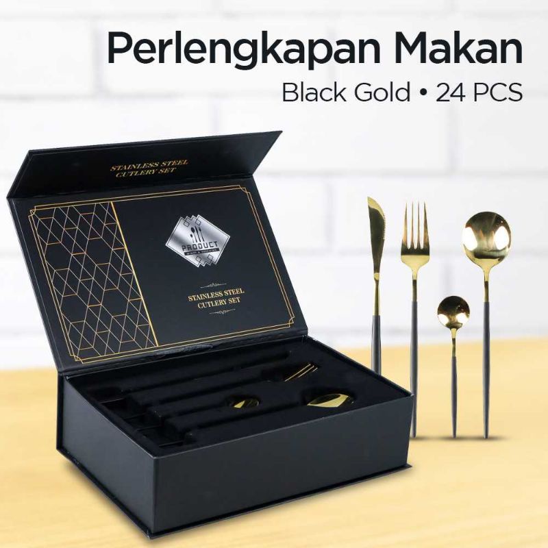 Tander Black Gold Cutlery Set Perlengkapan Makan Sendok Garpu Pisau 24PCS - TD-4128