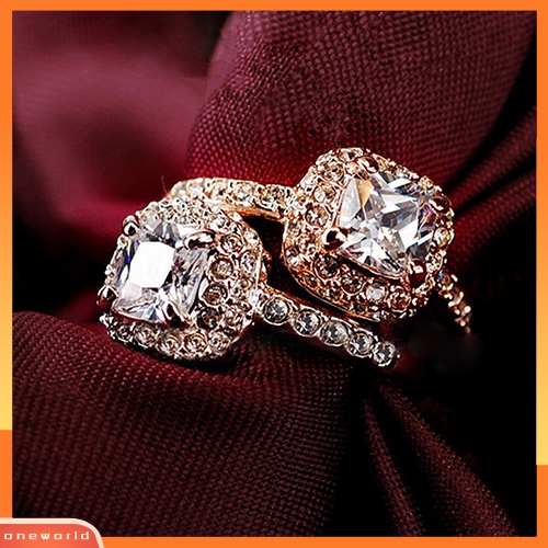 {oneworld} Wanita Pertunangan Pengantin Pernikahan Band Mengkilap Mewah Persegi Berlian Imitasi Cincin Hadiah