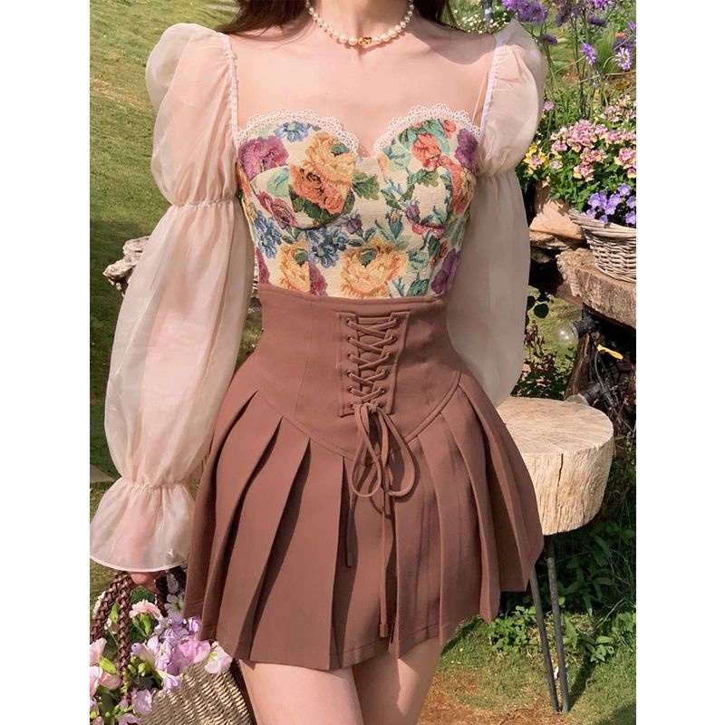 Red Acaine Van Gogh Impression/Oil Painting Top Design Sense Female Niche High Waist Slim Pleated Skirt Summer Suit