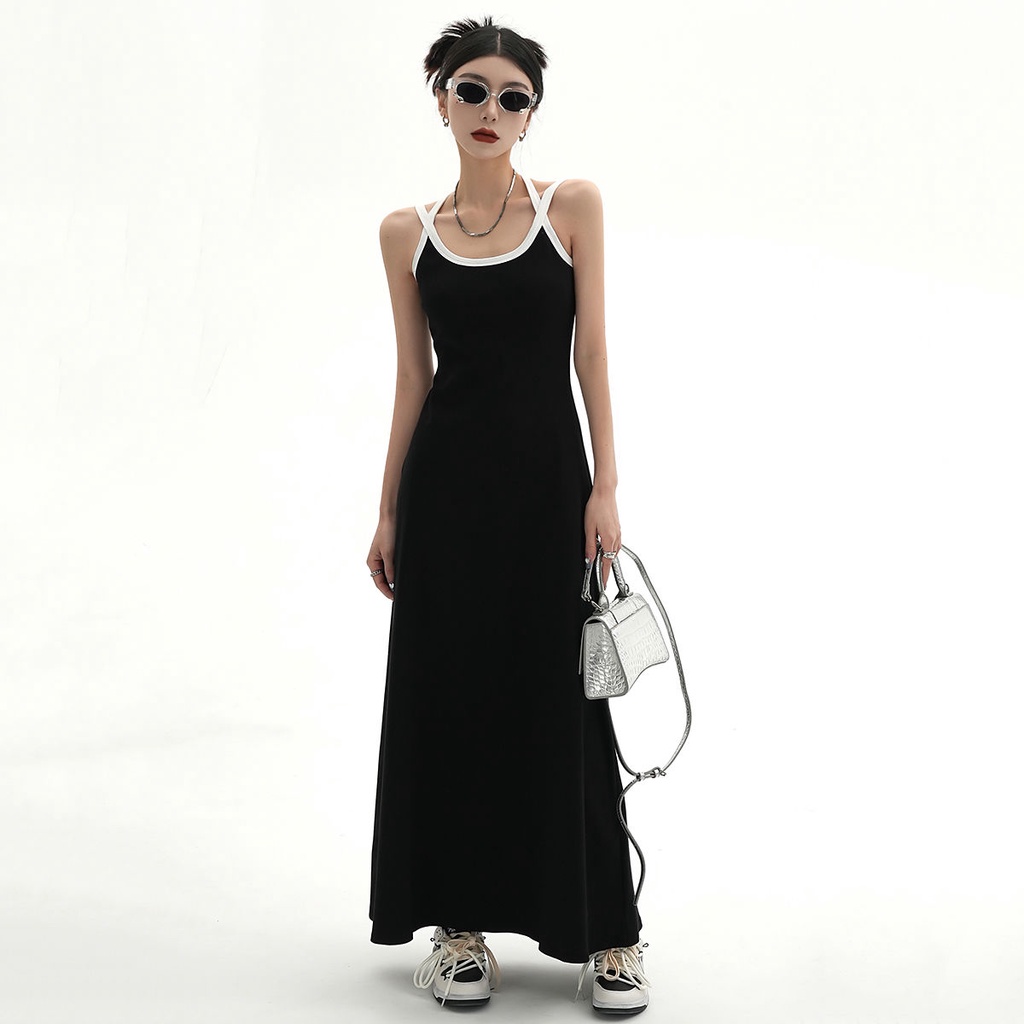 American Street Gaun Tanpa Lengan Kamisol Panel Hitam Gaun Panjang Menengah Wanita midi dress korea