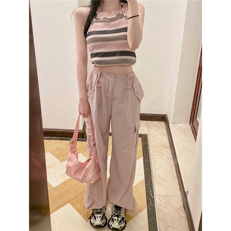 Red Merah Muda Overall Amerika Kasual Celana Pakaian Wanita Musim Panas Baru Pinggang Tinggi Kaki Lurus Desain Longgar Celana Lebar Kaki Celana