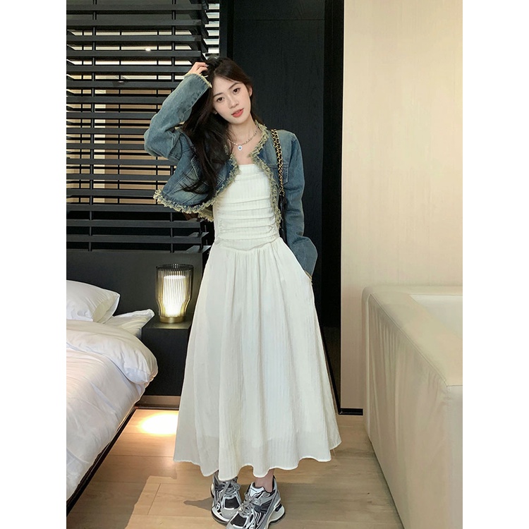 Red Putih tube top dress wanita musim panas baru rasa desain Perancis ceruk pinggang berkualitas tinggi setelan rok rok panjang