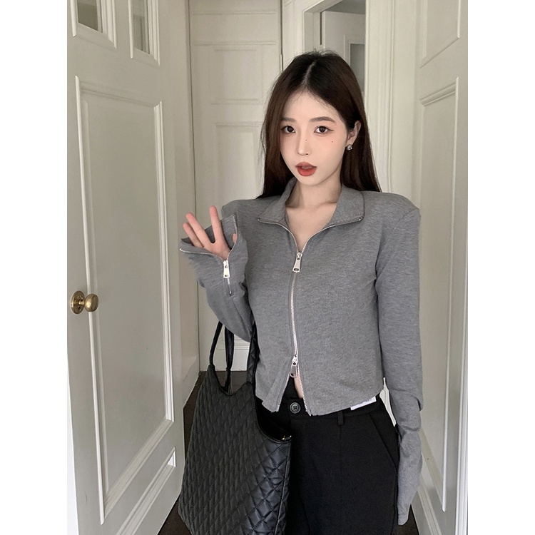 Red Hitam Ritsleting Ganda Rajutan Cardigan Jaket Wanita Musim Panas Pendek Lengan Panjang Kemeja Gadis Seksi Depan Bahu Ketat top