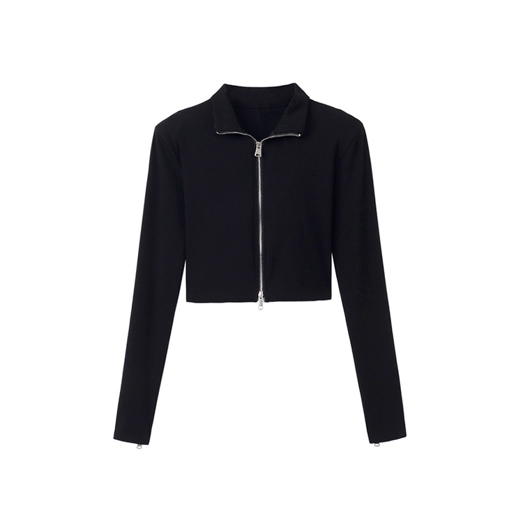 Red Hitam Ritsleting Ganda Rajutan Cardigan Jaket Wanita Musim Panas Pendek Lengan Panjang Kemeja Gadis Seksi Depan Bahu Ketat top