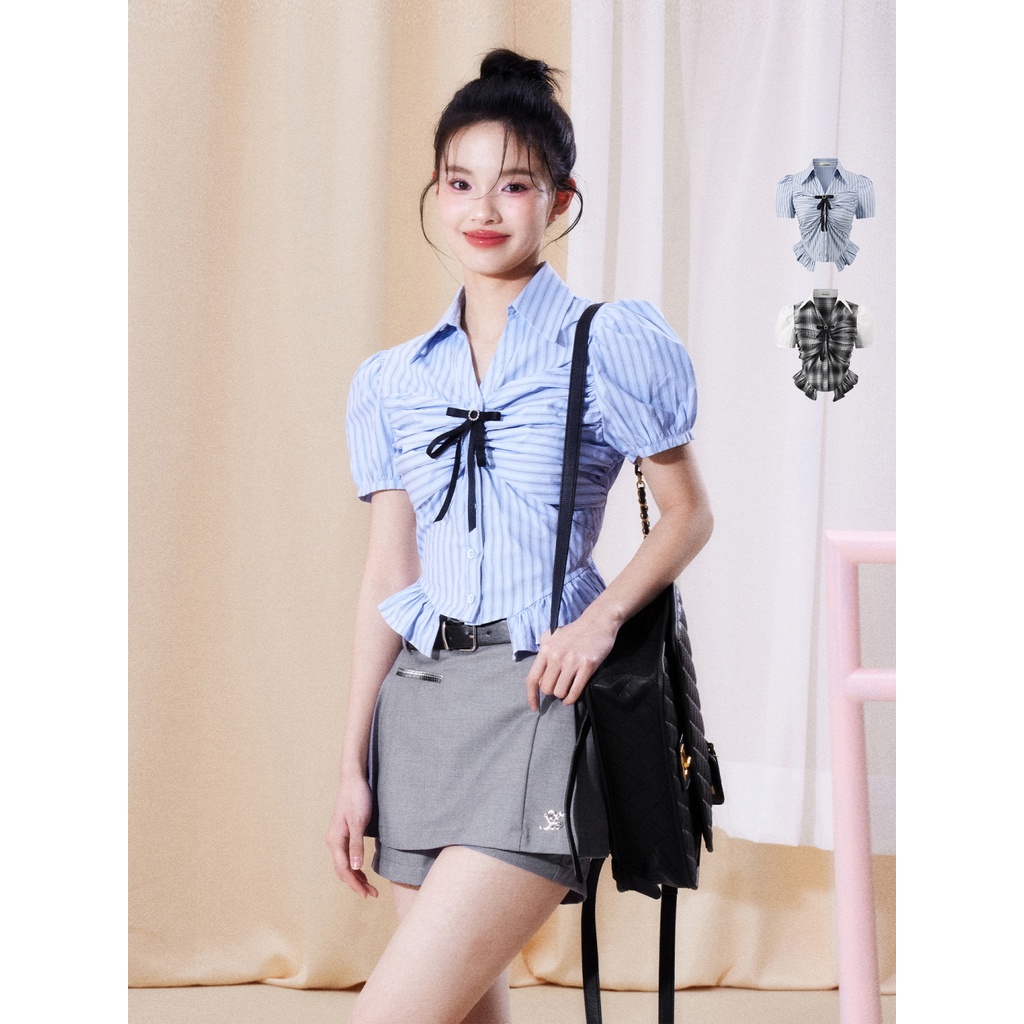 Red 2023 perguruan tinggi gaya hot gadis kemeja bergaris atas desain rasa pinggang slimming setelan rok lipit