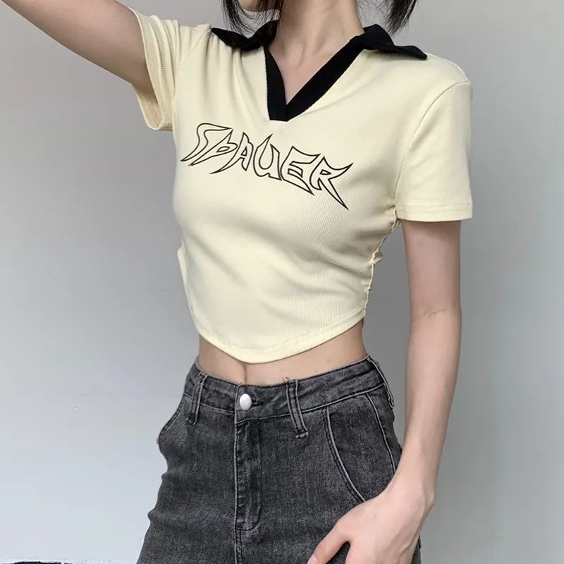 Red American retro lapel design letter printing lengan pendek T-shirt babes regular slim slim navel top summer