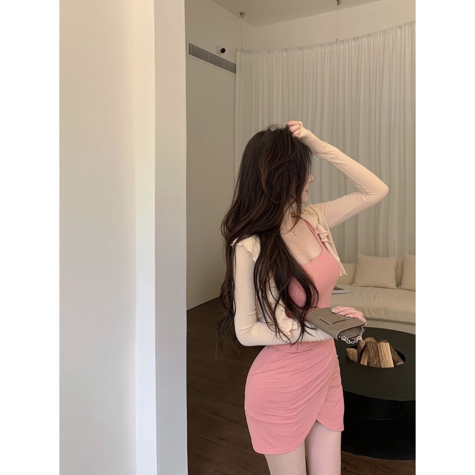 Red Gadis panas keinginan murni sling dress wanita musim semi keinginan murni angin celah ibu rok pendek rok pinggang bottoming tas pinggul rok