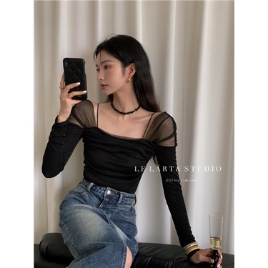 Red LELART Musim Semi Bahasa Perancis Keinginan Murni Splicing Mesh Atasan Satu Bahu Wanita Mesh Suspender Slim-Fit Off-Shoulder kemeja T-shirt