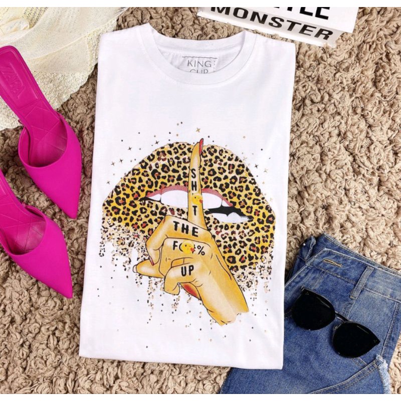 Atasan wanita kaos lengan pendek  Leopard Lips