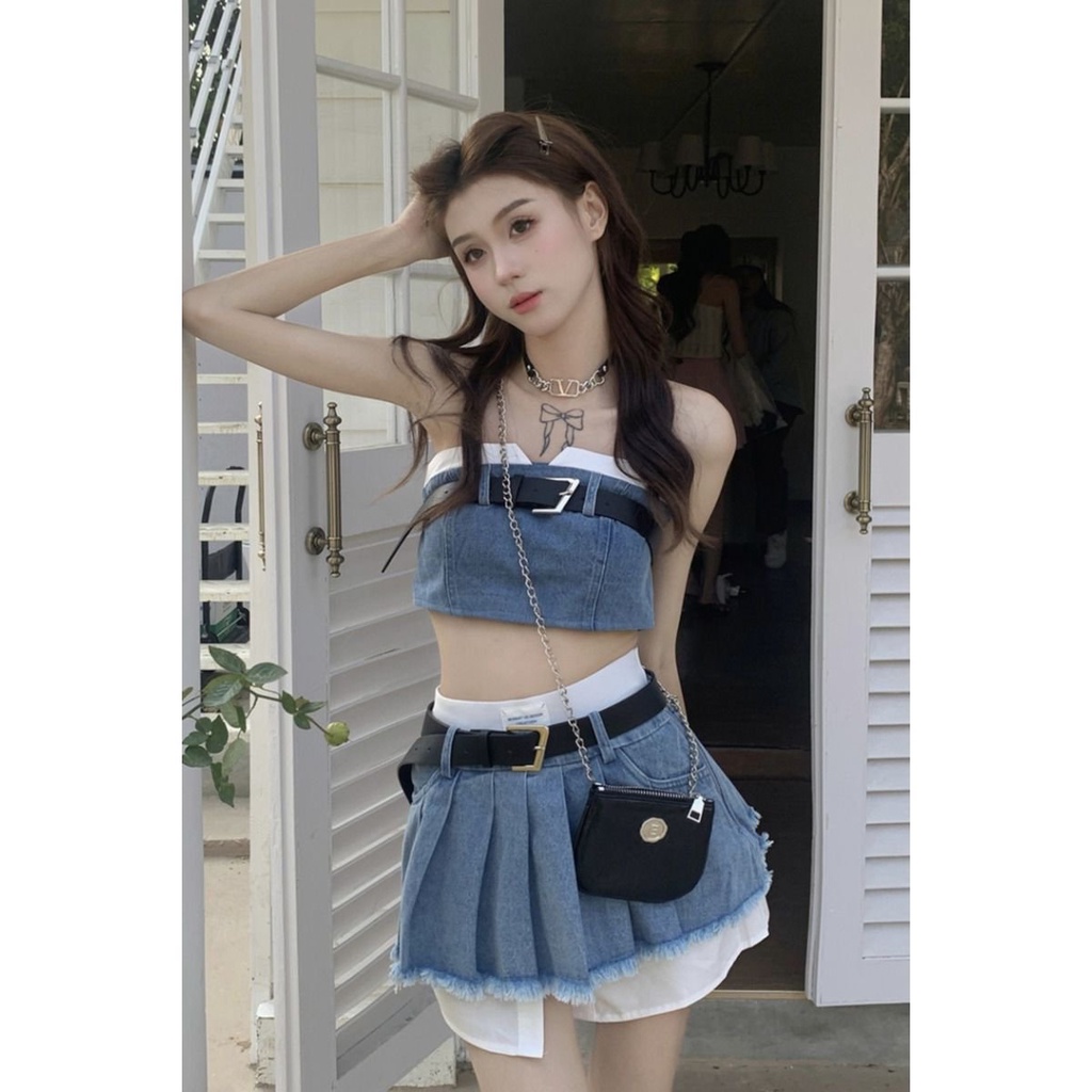 Set rompi bustier baru + rok lipit pinggang tinggi denim set dua potong kecil