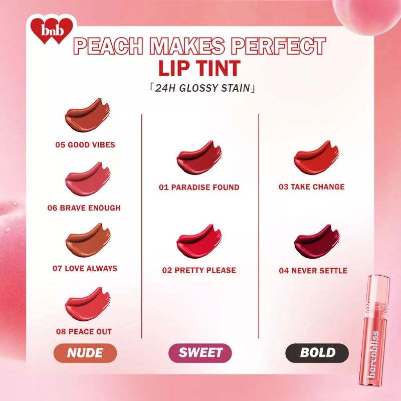 BNB barenbliss Peach Makes Perfect Lip Tint Korea Lip Gloss | Liptint | Lip Colour |「24H Moisturizing」Bare n bliss