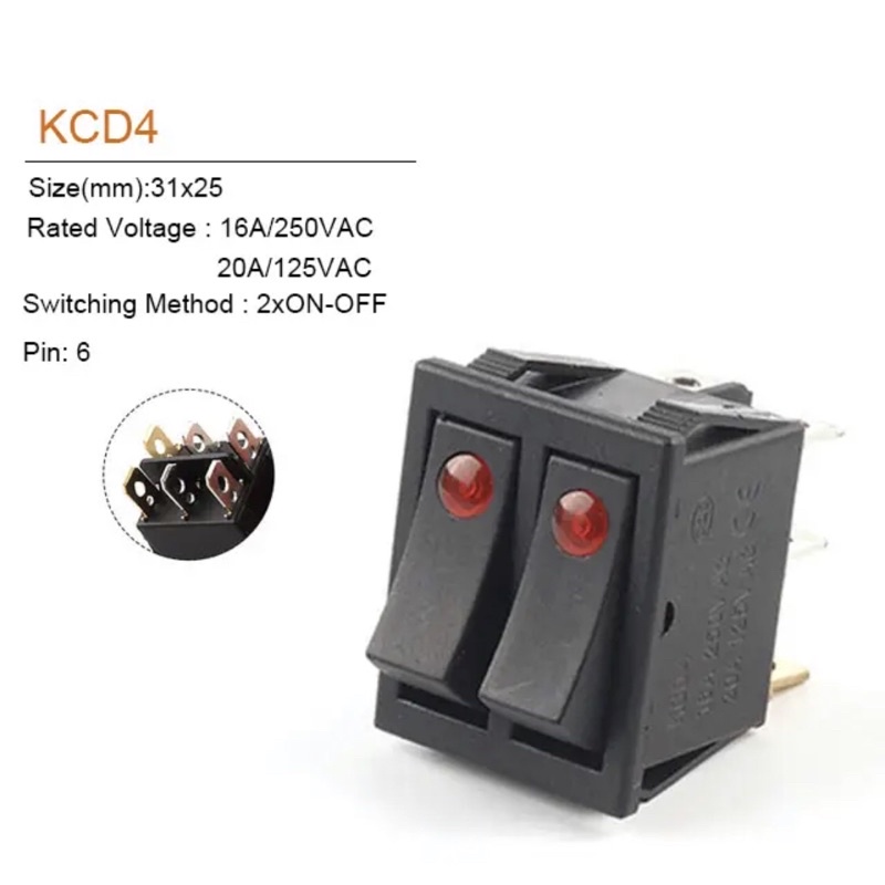 Saklar KCD4 6PIN 16A 250V Double Light Switch Rocker ON-OFF