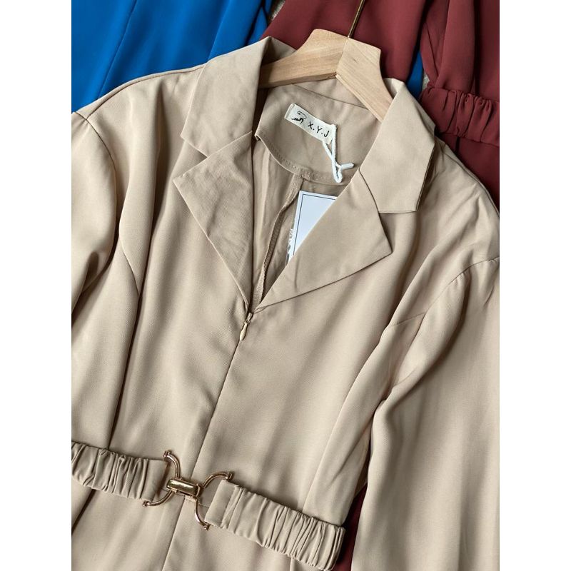 IMPORT A-LINE MIDI DRES CASUAL WITH BELT KARET (ready warna cream)