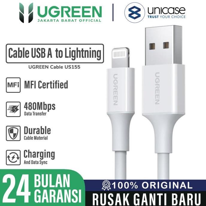 Cable Data USB A to iPhone Lightning MFI UGREEN US155 US291 Charging - 0.25m, White