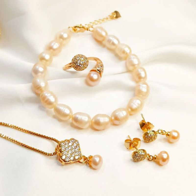 BERSERTIFIKAT SET PERHIASAN 4 IN 1 MUTIARA AIR TAWAR LOMBOK GELANG SUSUN MUTIARA