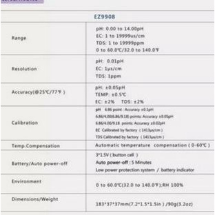 Ez9908 Ph Tds Ec Temperature Meter Tester Suhu Hidroponik Ez-9908