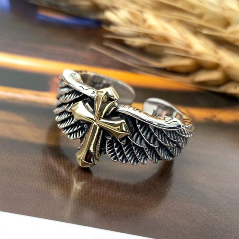 【COD】Cincin sayap silang Vintage Sayap Cross Graffiti Surat Terbuka Cincin Pribadi Pria Cincin