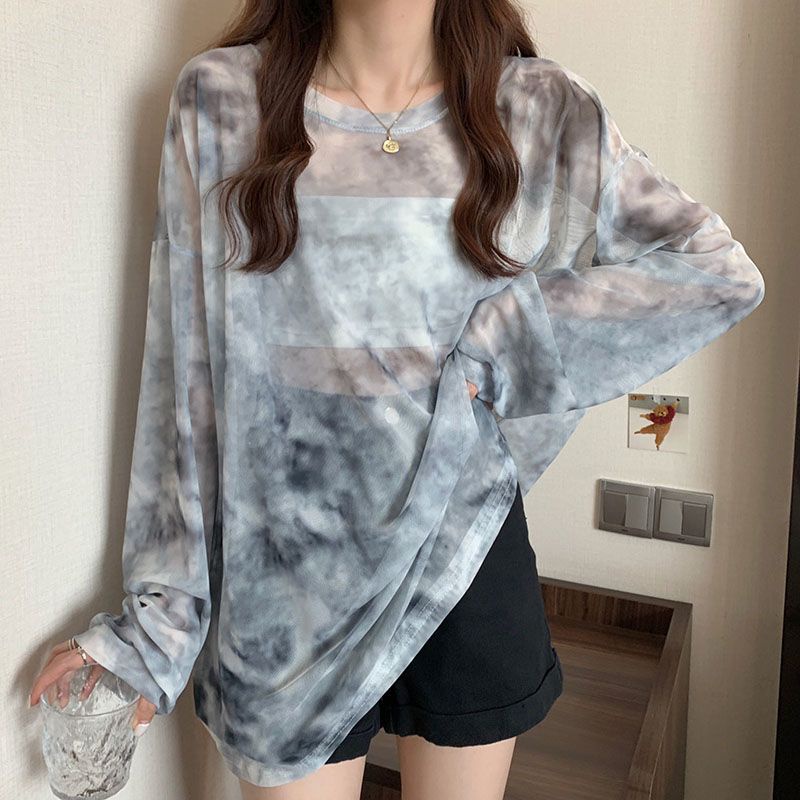 Red Musim Panas 2022 Baru Net Kasa Korea Tabir Surya Kemeja Hot Girl Top Desain Longgar Tie-Dye Lengan Panjang T-shirt tren Wanita