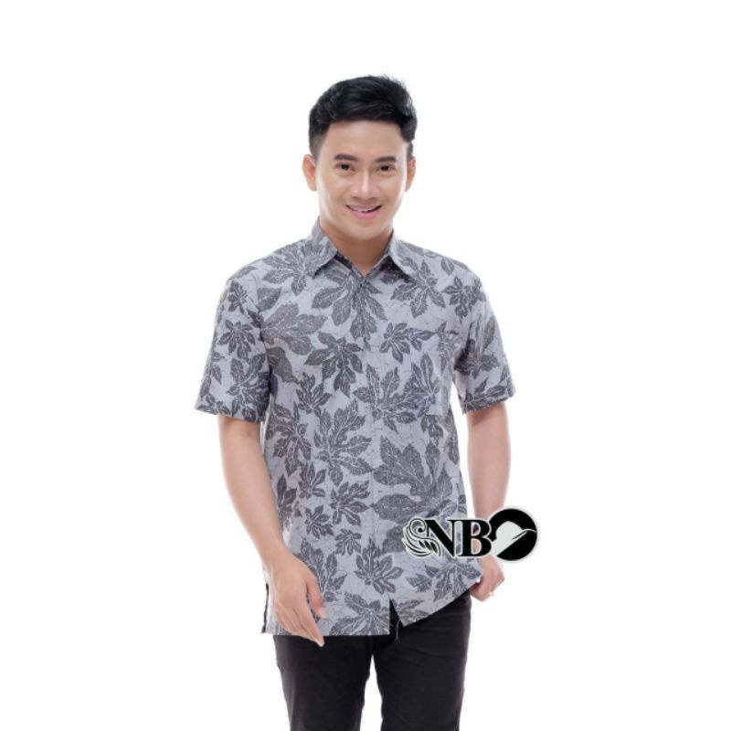 Kemeja batik pria lengan pendek motif daun abu