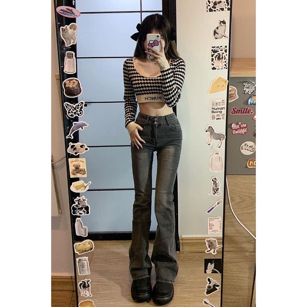 Red Smokey grey flared jeans wanita musim dingin American retro slim slim high waist straight pants high street tide ins